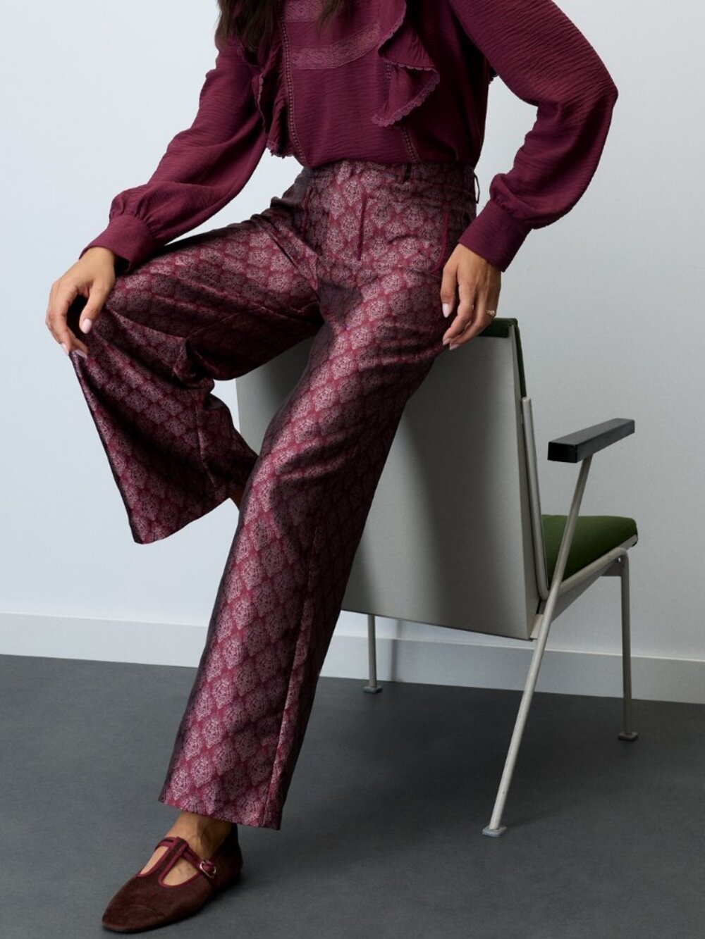 Burgundy Elegant Women's Jacquard Loose Elastic Waist Long Wide Leg Trousers